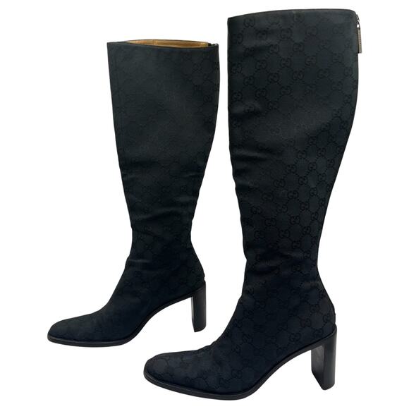 Gucci Vintage Canvas Monogram Block Heels Knee High Boots Black 38.5C US 8.5C - Picture 4 of 14